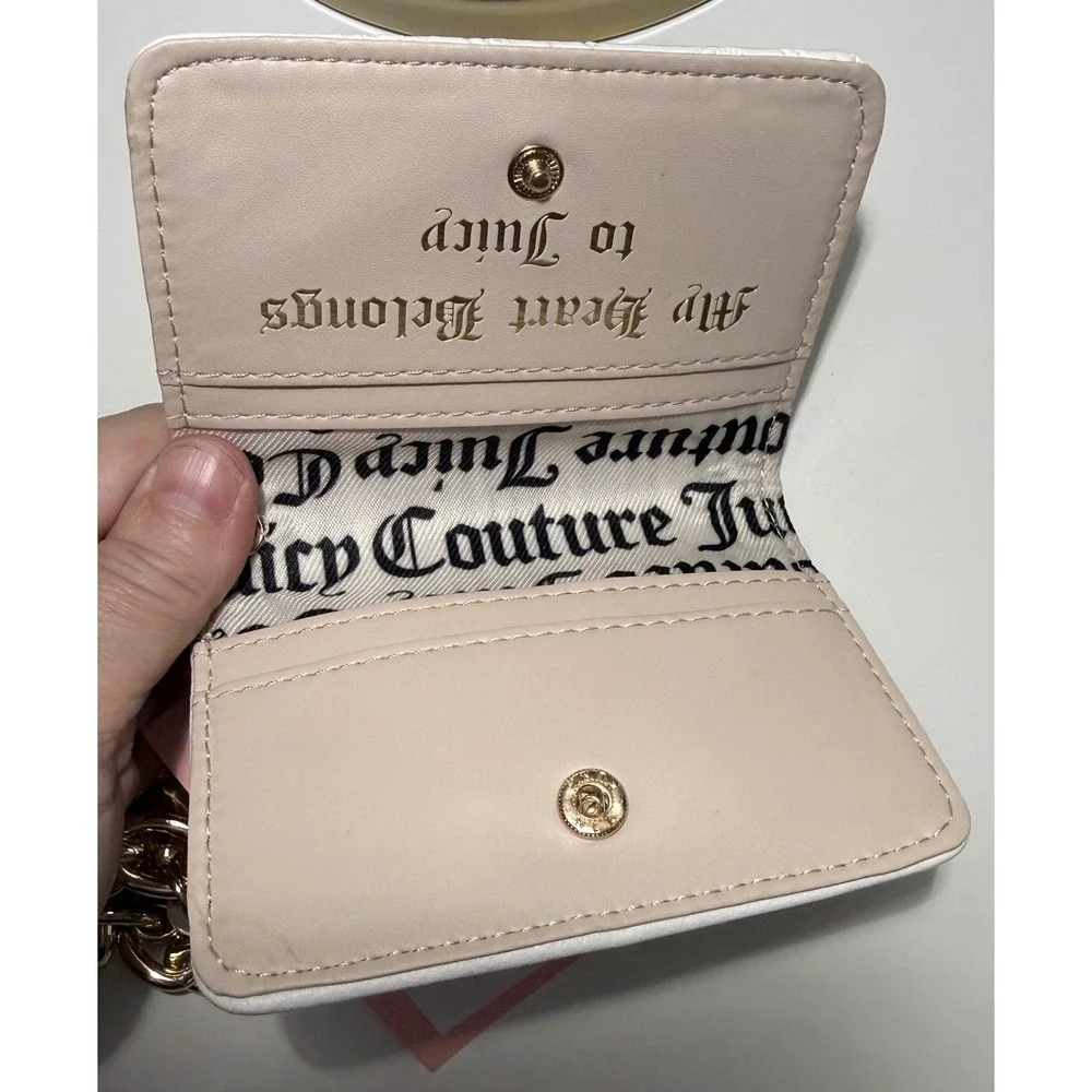 Juicy Couture White Heart Debossed Card Case Wallet Key Fob Gold Chain NWT Y2K